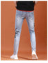 Slim Fit Korean Streetwear Graphical Printed Luxury Hip-Hop Stretch Denim Jeans for Men - Perfect Medium Wash Jeans Outfit